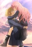  2girls absurdres arms_around_neck black_boots boots brown_hair closed_eyes commentary dress facing_another flower green_eyes hair_ornament highres hug_carry kagari_mimi kimi_ga_shinu_made_koi_wo_shitai kukimaru_(pixiv49247046) lifting_person multiple_girls open_mouth pink_hair sailor_collar sailor_dress smile totsuki_shiina white_flower white_sailor_collar x_hair_ornament yuri 