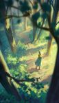  1girl absurdres aqua_cloak cloak coco_(tongari_boushi_no_atelier) commentary grass green_hair hat hat_tassel highres outdoors porukana qifrey's_atelier_apprentice_uniform short_hair solo tassel tongari_boushi_no_atelier tree 