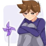  1boy black_eyes blue_sweater blush bright_pupils brown_hair closed_mouth commentary_request double-parted_bangs grey_pants hair_between_eyes hero_(faraway)_(omori) hero_(omori) highres knees_up long_sleeves male_focus omori pants pinwheel ryo_pen17 short_hair sitting smile solo sweater white_pupils 