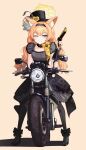  1girl absurdres animal_ear_fluff animal_ears black_hat black_headband black_overskirt blue_archive blue_eyes cat_ears cat_girl choker desert_eagle dress flower fluffy_hair frilled_choker frills front-seamed_legwear grey_dress gun halo handgun hat hat_flower headband highres holding holding_gun holding_weapon idol_clothes long_hair mari_(blue_archive) mari_(idol)_(blue_archive) motor_vehicle motorcycle official_alternate_costume on_motorcycle one_eye_closed rake_autumn rose seamed_legwear smile solo top_hat twintails very_long_hair weapon yellow_flower yellow_halo yellow_rose 