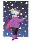  2018 anthro bat black_nose boots breasts clothing eyeshadow female footwear fur green_eyes hat hi_res lipstick makeup mammal omegasunburst rouge_the_bat scarf signature snow solo sonic_(series) video_games white_fur wings 