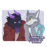 1:1 anthro black_body black_scales clothing cookie_(cookiedragon) cypher_(cypherdragon) dragon duo fur furred_dragon furred_scalie grey_body grey_fur hi_res horn jacket loving_gaze male male/male mythological_creature mythological_scalie mythology orange_eyes purple_body purple_eyes purple_horn purple_scales scales scalie smile tageerdo_(artist) tattoo topwear white_body white_fur