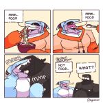 1:1 2024 anthro aquatic artist_name black_body black_fur black_sclera blue_body blush blush_lines bowl breath broad_shoulders chopsticks closed_smile clothing comic container countershade_face countershade_neck countershade_torso countershading dialogue digital_drawing_(artwork) digital_media_(artwork) drawstring_hoodie drawstring_topwear duo eating eating_food english_text eyes_closed fin fish flesh_fang front_view fur gills half-length_portrait head_fin hi_res holding_bowl holding_chopsticks holding_container holding_object hoodie kissing male male/male male_anthro monotone_body monotone_fur mouth_closed multicolored_body muscular muscular_anthro muscular_male navel neck_gills nipples nude nude_anthro nude_male one_page_comic open_mouth open_smile orange_clothing orange_hoodie orange_topwear overweight overweight_anthro overweight_male pecs portrait pupils red_stripes shark simple_background sky_k.i._(character) skykdotidot slit_pupils smile speech_bubble striped_fin stripes tan_background text topwear trapezius two_tone_body white_body white_countershading yellow_eyes