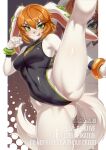 anthro basset_hound canid canine canis domestic_dog eyelashes female flexible freedom_planet galaxytrail green_eyes hi_res hunting_dog mammal milla_basset navel one_leg_up pikative raised_leg scent_hound solo splits spread_legs spreading standing text tongue tongue_out vertical_splits white_body