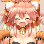  :d ^_^ animal_ear_fluff animal_ears bangs bare_shoulders bell bell_collar blush bow breasts brown_background cleavage closed_eyes collar eyebrows_visible_through_hair facing_viewer fangs fate/grand_order fate_(series) fox_ears gloves hair_between_eyes hair_bow hands_up jingle_bell marshmallow_mille medium_breasts open_mouth paw_gloves paws pink_hair red_bow red_collar sidelocks simple_background smile solo sparkle strapless tamamo_(fate)_(all) tamamo_cat_(fate) twitter_username 