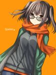  bangs brown_eyes brown_hair casual character_name commentary dutch_angle fringe_trim green_jacket hakusai_ponzu jacket kantai_collection long_sleeves looking_at_viewer looking_over_eyewear medium_hair orange_background orange_scarf scarf sendai_(kantai_collection) simple_background solo star sunglasses sweater two_side_up 