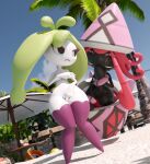 3d_(artwork) absurd_res annoyed anthro beach black_body breasts clothing covering covering_breasts covering_crotch covering_self digital_media_(artwork) duo_focus elemental_creature female female/female flora_fauna generation_7_pokemon genitals green_hair group hair hi_res legendary_pokemon legwear looking_at_another lorded nintendo nipples nude pink_hair plant pokemon pokemon_(species) pseudo_hair shortstack shortstack_female small_breasts steenee stockings tapu_lele thick_thighs vulva white_body wide_hips
