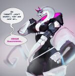 2_horns anthro big_breasts breasts cleavage_cutout clothed clothing colored_nails cutout cybernetic_arm cybernetic_leg cybernetic_limb cyberpunk digital_media_(artwork) echofey english_text fangs female hi_res hood horn jewelry looking_at_viewer nails necklace non-mammal_breasts purple_eyes purple_horn purple_nails reptile scalie simple_background smile snake solo tail teeth text topwear white_body