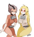  2girls areolae blonde_hair breasts cheetara large_breasts multicolored_hair multiple_girls nipples nude plate pointy_ears sign thundercats two-tone_hair wilykit 