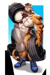 2026 abdominal_scar anthro arm_scar balls barazoku beard big_balls big_penis black_hair blue_clothing blue_footwear blue_shoes blue_sneakers bodily_fluids bottomwear buzanpaku chest_scar claws clothing doooo2424 erection eye_scar facial_hair facial_scar felid finger_claws footwear fur genitals hair hi_res hip_scar holding_tire leg_scar male mammal multicolored_body multicolored_fur multicolored_hair muscular muscular_anthro muscular_male nipples nude open_mouth orange_body orange_eyes orange_fur pantherine pants penis print_bottomwear print_clothing print_pants red_hair red_stripes scar shoes shoulder_scar sneakers solo standing striped_body striped_fur stripes sweat sweaty_body tail thigh_scar tiger tire two_tone_hair white_body white_fur x_scar