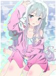  barefoot blue_bow blue_eyes blush bow bow_panties collarbone eromanga_sensei eyebrows_visible_through_hair flat_chest gradient_hair highres izumi_sagiri long_hair long_sleeves looking_at_viewer multicolored_hair off_shoulder open_clothes open_mouth open_shirt panties pink_hair pink_shirt pink_x print_shirt shiny shiny_hair shirt silver_hair sitting solo striped striped_panties towel towel_on_head two-tone_hair underwear wariza white_towel 