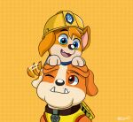 2023 armor backpack black_nose blue_eyes brown_eyes bulldog canid canine canis clothing crossover disney domestic_dog duo english_bulldog fangs feral floppy_ears folded_ears fur hard_hat hat head_tuft headgear headwear helmet herding_dog hi_res male mammal mastiff molosser nickelodeon orange_body orange_fur pastoral_dog paw_patrol phinny_(pupstruction) pupstruction rubble_(paw_patrol) rubble_and_crew teeth topwear trc001 tuft vest welsh_corgi white_body white_fur yellow_backpack yellow_clothing yellow_hat yellow_headwear yellow_topwear yellow_vest