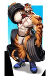 2026 abdominal_scar anthro arm_scar barazoku beard black_hair blue_clothing blue_footwear blue_shoes blue_sneakers bodily_fluids bottomwear buzanpaku chest_scar claws clothed clothing doooo2424 eye_scar facial_hair facial_scar felid finger_claws footwear fur hair hi_res hip_scar holding_tire jockstrap jockstrap_only leg_scar male mammal multicolored_body multicolored_fur multicolored_hair muscular muscular_anthro muscular_male nipples open_mouth orange_body orange_eyes orange_fur pantherine pants print_bottomwear print_clothing print_pants red_hair red_stripes scar shoes shoulder_scar sneakers solo standing striped_body striped_fur stripes sweat sweaty_body tail thigh_scar tiger tire topless two_tone_hair underwear underwear_only white_body white_fur x_scar