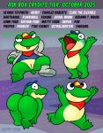 2025 absurd_res ambiguous_gender ambiguous_slit amphibian anthro barefoot blue_baseball_cap blue_eyes boots bottomless bottomless_anthro bottomless_male butt clothed clothing detailed_background feet footwear frog genitals hi_res kerchief male membrane_(anatomy) nintendo nishi_oxnard nude one_shoe_on open_mouth pattern_background presenting presenting_hindquarters purple_background purple_text red_baseball_cap red_kerchief running_around shoes simple_background slippy_toad solo star_fox striped_background text toes tongue tongue_out toony webbed_feet white_text yellow_basbeall_cap
