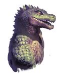 2026 amber_eyes anthro bust_portrait countershade_face countershade_neck countershade_scales countershade_torso countershading crocodilian digital_drawing_(artwork) digital_media_(artwork) dorsal_ridge green_body green_scales head_ridge hi_res kingarthur_i looking_at_viewer male male_anthro nude nude_anthro nude_male portrait pupils reptile scales scalie sharp_teeth side_view simple_background slit_pupils snout solo tan_body tan_countershading tan_scales teeth tongue_showing trapezius wet wet_body wet_face white_background