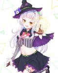  breasts brown_gloves capelet crop_top gloves hair_bun hair_ornament hat highres hololive lavender_hair leg_up long_hair looking_at_viewer magic_circle midriff murasaki_shion navel open_mouth pointing pointing_at_viewer simple_background small_breasts solo witch_hat 