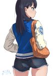  ass back bag bangs black_hair blue_eyes blue_jacket blush casual commentary_request cutoffs denim denim_shorts eyebrows_visible_through_hair from_behind hands_in_pockets jacket letterman_jacket long_hair long_sleeves profile short_shorts shorts shoulder_bag signature simple_background solo ssss.gridman standing suna takarada_rikka white_background 