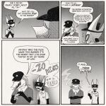 1:1 2026 2_horns 4_panel_comic ambiguous_gender anthro arthropod biped black_body black_eyes black_text cigarette clothed clothing comic crossed_arms dialogue duo ellipsis empty_eyes english_text gesture hair hand_gesture hat headgear headwear hi_res holding_cigarette holding_lighter holding_object hollow_knight:_silksong hollow_knight_(franchise) horn hornet_(hollow_knight) inner_monologue lighter looking_at_another looking_back monochrome motion_lines mouth_closed muckroach open_mouth pointing profanity question_mark quetzalagosto smoking smoking_cigarette speech_bubble standing talking_to_another team_cherry text thinking tongue