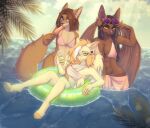 abs absurd_res anthro bat beach belly beverage bikini bikini_bottom bikini_top black_hair black_nose blue_eyes breasts brown_arms brown_belly brown_body brown_ears brown_fur brown_hair brown_head brown_legs brown_tail brown_wings claws clothed clothing cloud crossdressing curly_hair detailed_background ear_piercing ear_ring equid equine eyebrows eyelashes eyeshadow eyewear feathers female femboy folded_wings food fur glasses green_eyes group hair heart_glasses hi_res holding_beverage holding_food holding_object holding_popsicle hooves horse inflatable inner_tube innominatammm lento_taivaalla makeup male mammal membrane_(anatomy) membranous_wings muscular orange_eyes orange_hair palm_leaves piercing pink_bikini pink_bikini_bottom pink_bikini_top pink_clothing pink_swimwear pony popsicle popsicle_in_mouth ring_piercing sea sky smile swimwear tail tan_belly tan_body tan_ears tan_face tan_fur trio two-piece_swimsuit vulpkanin water white_body white_clothing white_feathers wings yellow_arms yellow_belly yellow_body yellow_ears yellow_feathers yellow_fur yellow_legs yellow_wings