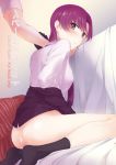  1girl bazett_fraga_mcremitz black_gloves black_legwear blush bottomless brown_eyes character_name cum cum_on_ass earrings fate/hollow_ataraxia fate_(series) gloves jewelry looking_back misoiri_(gokutsubushi) necktie parted_lips purple_hair purple_neckwear shirt short_hair short_sleeves sitting white_shirt 