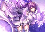  armor breasts dress fate/grand_order fate_(series) headdress heirou long_hair magic ponytail purple purple_hair red_eyes scathach_(fate/grand_order) thighhighs wand zettai_ryouiki 