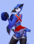  anthro avian beak bird blue_jay butt cheerleader choker clothed clothing corvid crossdressing erection feathered_wings feathers halloween hi_res holidays hulder legwear looking_at_viewer looking_back male nate_that_army_burd penis pom_poms simple_background skirt solo tail_feathers talons wings 