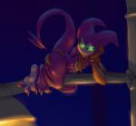alcoholictails anthro bandai_namco bedroom_eyes bite biting_lip claws clothing digimon digimon_(species) fangs femboy gloves glowing glowing_eyes green_eyes hand_on_cheek handwear hi_res imp impmon kerchief looking_at_viewer lying male multicolored_body narrowed_eyes on_side purple_body red_clothing red_gloves red_handwear red_kerchief seductive shortstack smile smirk solo spade_tail tail teeth thick_thighs toe_claws two_tone_body white_soles