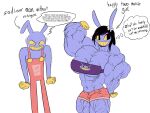 4:3 abs anthro biceps big_muscles black_hair bodily_fluids bottomwear bow_ribbon clothing duo elmafaka english_text female flexing flexing_bicep forearm_muscles glitch_productions gloves gooseworx's_post-transition_jax_design hair handwear hi_res hotpants huge_muscles hyper hyper_muscles jax_(tadc) lagomorph leporid male mammal muscular muscular_female navel obliques overalls pecs pecs_with_breasts purple_body rabbit shorts simple_background size_difference smile standing tears teeth text the_amazing_digital_circus topwear trans_(lore) trans_woman_(lore) trapezius triceps tube_top white_background yellow_clothing yellow_gloves yellow_handwear yellow_sclera yellow_teeth