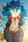 2026 2_horns anthro arm_tuft artist_name beach bikini black_body black_fur blue_hair blurred_background bovid breasts camel_toe caprine clothed clothed_anthro clothed_female clothing eyewear female female_anthro fur glasses hair hi_res horn long_hair looking_at_viewer mammal navel outside pizhma red_bikini red_clothing red_eyes red_swimwear round_glasses serenity_(laggyb0i) sheep shoulder_tuft side-tie_bikini signature smile solo string_bikini swimwear text thick_thighs tuft two-piece_swimsuit wearing_glasses wide_hips wool_(fur)