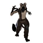 1:1 absurd_res african_wild_dog alpha_channel anthro bandaged_hand black_body black_fur brown_body brown_fur canid canine cerberussenn claws collar fur glowing glowing_eyes hi_res hybrid hyena kerchief male mammal markings neckerchief neckwear paisley_pattern rag rim_light shirtless simple_eyes skinny solo spots spotted_hyena spotted_markings stitch_(sewing) suspender_straps suspenders tan_body tan_fur toe_claws wagner_(cerberussenn) yellow_eyes