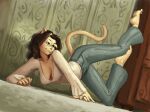 2026 5_fingers all_fours anthro barefoot bent_arm bent_legs big_breasts black_eyebrows black_nose blouse blue_bottomwear blue_clothing blue_jeans blue_pants bottomwear breasts brown_eyes brown_hair cassie_(puggymation) cleavage closed_smile clothed clothed_anthro clothed_female clothing dark_hair denim denim_bottomwear denim_clothing digit_ring domestic_cat down_blouse dutch_angle english_description exposure_variation eyebrows eyewear feet felid feline felis female female_anthro finger_ring fingers floor foot_on_knee foot_on_leg full-length_portrait fully_clothed fully_clothed_anthro fully_clothed_female glasses hair hi_res humanoid_feet humanoid_hands inside iris jeans jewelry light_body lips long_sleeves mammal medium_hair monotone_body monotone_bottomwear monotone_clothing monotone_hair monotone_pants monotone_shirt monotone_tail monotone_topwear mouth_closed no_bra pants pinup plantar_flexion plantigrade pointy_ears portrait pose prick_ears pupils purple_jewelry raised_calf raised_leg rectangular_glasses redustheriotact shaded shirt slim slim_anthro slim_female smile soles solo spread_toes straight_arm tail tan_body thick_bottom_lip three-quarter_view toes topwear wall_(structure) wallpaper_(decoration) wearing_glasses white_blouse white_clothing white_sclera white_shirt white_topwear