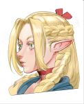 2026 biped blonde_hair braided_hair braided_pigtails choker clothed clothing colored delicious_in_dungeon digital_drawing_(artwork) digital_media_(artwork) elf eyelashes female green_eyes hair headshot_portrait hi_res humanoid humanoid_pointy_ears jewelry labslider_(artist) line_art lips long_hair marcille_donato necklace neutral_expression not_furry pointy_ears portrait pose red_choker red_hair_bow red_jewelry red_necklace shaded side_view simple_background solo straight_hair tan_body tan_skin teal_clothing teal_topwear topwear white_background