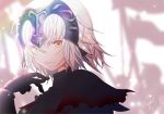  bangs black_dress blurry blurry_background brown_eyes chain closed_mouth commentary_request depth_of_field dress eyebrows_visible_through_hair fate/grand_order fate_(series) gauntlets hair_between_eyes hand_up headphones jeanne_d'arc_(alter)_(fate) jeanne_d'arc_(fate)_(all) long_hair looking_at_viewer looking_to_the_side sheepd signature silver_hair solo upper_body 