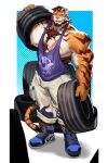 2026 anthro arm_scar barazoku beard biceps big_muscles big_pecs black_hair blue_clothing blue_footwear blue_shoes blue_sneakers bodily_fluids bottomwear buzanpaku chest_scar claws clothing deltoids doooo2424 eye_scar facial_hair facial_scar felid finger_claws footwear fur grey_bottomwear grey_clothing grey_pants hair hi_res holding_tire male mammal multicolored_body multicolored_fur multicolored_hair muscular muscular_anthro muscular_male open_mouth orange_body orange_eyes orange_fur pantherine pants pecs print_bottomwear print_clothing print_pants print_shirt print_tank_top print_topwear purple_clothing purple_shirt purple_tank_top purple_topwear red_hair red_stripes scar shirt shoes shoulder_scar sneakers solo standing striped_body striped_fur stripes sweat sweaty_body tail tank_top tiger tire topwear two_tone_hair white_body white_fur x_scar