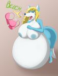 abdominal_bulge absurd_res anonymous_artist anthro belly belly_overhang big_belly big_breasts blonde_hair blue_body blue_fur breasts burp_cloud burping burping_up_clothing canid canine crossgender dialogue diego_the_fox_(scrungo) digestion digestion_noises facial_markings female forehead_markings fox fur hair head_markings hi_res huge_belly long_hair mammal markings nude obese overweight rumbling_stomach solo speech_bubble squirming unwilling_prey vore