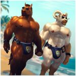 1:1 abs anthro aviator_glasses beach biceps bighorn_sheep bodily_fluids border bovid bulge caprine clock clothing deltoids dream_and_nightmare duo equid equine eyewear glasses hand_holding hi_res horn horse male male/male mammal muscular muscular_male nipple_piercing nipples officer_burke officer_munroe pecs piercing police police_badge pube_peek pubes sheep sunglasses sweat sweatdrop swimwear trapezius watch white_border wristwatch