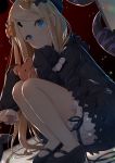  abigail_williams_(fate/grand_order) bangs black_bow black_dress black_footwear black_hat blonde_hair bloomers blue_eyes blush bow bug butterfly closed_mouth commentary dress dutch_angle eyebrows_visible_through_hair fate/grand_order fate_(series) hair_bow hat head_tilt highres insect keyhole long_hair long_sleeves looking_at_viewer mary_janes object_hug orange_bow parted_bangs polka_dot polka_dot_bow shoes sleeves_past_fingers sleeves_past_wrists solo squatting stuffed_animal stuffed_toy suction_cups teddy_bear tentacles underwear very_long_hair white_bloomers yano_mitsuki 