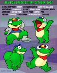 2025 absurd_res amphibian anthro barefoot blue_baseball_cap blue_eyes boots bottomless bottomless_anthro bottomless_male butt clothed clothing detailed_background feet footwear frog hi_res kerchief male membrane_(anatomy) nintendo nishi_oxnard nude one_shoe_on open_mouth pattern_background presenting presenting_hindquarters purple_background purple_text red_baseball_cap red_kerchief running_around shoes simple_background slippy_toad solo star_fox striped_background text toes tongue tongue_out toony webbed_feet white_text yellow_basbeall_cap