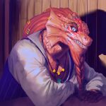 1:1 2026 5_fingers ambiguous_species anthro beard black_sclera blue_clothing blue_markings blue_topwear blue_vest braided_beard claws closed_smile clothed clothed_anthro clothed_male clothing detailed_background digital_drawing_(artwork) digital_media_(artwork) ear_frill facial_hair facial_markings finger_claws fingers frill_(anatomy) frill_piercing frill_ring front_view furgonomic_piercing furgonomics grey_eyes half-length_portrait head_markings hi_res jewelry kingarthur_i looking_at_viewer male male_anthro markings monotone_body monotone_scales mouth_closed necklace piercing portrait pupils red_body red_claws red_markings red_scales ring_piercing scales sharp_teeth shirt slit_pupils smile snout solo teeth toothy_grin topwear vest white_clothing white_shirt white_topwear