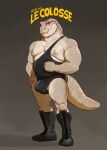 absurd_res anthro banana_da_boi belly biceps boots bulge clothing digital_drawing_(artwork) digital_media_(artwork) dinosaur footwear french_text hi_res louis_(serex) male musclegut muscular muscular_anthro muscular_male nipples non-mammal_nipples overbite portrait prehistoric_species reptile saurischian scalie sharp_teeth shoes simple_background solo standing tail teeth text theropod tyrannosaurid tyrannosauroid tyrannosaurus tyrannosaurus_rex