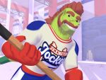 3d_(artwork) 4:3 anthro beard blue_bottomwear blue_clothing blue_shorts bottomwear brown_eyes clothing digital_media_(artwork) eyebrows facial_hair gloves green_body hair handwear hi_res hockey hockey_jersey hockey_rink hockey_stick iguana iguanid lizard looking_at_viewer male mature_male mullet mutton_chops red_clothing red_gloves red_hair red_handwear reggie_igulas_senior reggieigulas reptile scalie shorts smile solo sport thick_eyebrows thick_neck