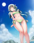  bikini black_bow blue_sky bow closed_eyes cloud day elf from_below goblin_slayer! green_bikini green_eyes green_hair hair_bow high_elf_archer_(goblin_slayer!) long_hair looking_at_viewer navel outdoors pointy_ears ryuinu side-tie_bikini sky smile solo standing sun swimsuit thigh_gap 