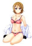  bangs black_legwear bow bow_bra bow_panties bra breasts brown_hair cleavage closed_mouth collarbone commentary_request dress_shirt full_body hair_ribbon highres jou_(circlemay) koizumi_hanayo long_sleeves looking_at_viewer love_live! love_live!_school_idol_project medium_breasts navel off_shoulder open_clothes open_shirt opened_by_self panties partial_commentary purple_eyes red_bra red_panties ribbon shirt short_hair simple_background sitting smile socks solo strap_slip swept_bangs thighs underwear underwear_only undressing wariza white_background white_shirt 