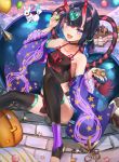  :d animal armpits ass balloon bangs bare_shoulders black_hair black_legwear blue_sky breasts building choker cloud cloudy_sky collarbone detached_sleeves dudou eyeliner fang fate/grand_order fate_(series) food fundoshi hair_bobbles hair_ornament halloween hand_up head_tilt heart heart_hair_ornament highres jack-o'-lantern japanese_clothes knees_up looking_at_viewer makeup midriff mosta_(lo1777789) mountain multiple_tails oni_horns open_mouth outdoors pavement purple_eyes short_hair shuten_douji_(fate/grand_order) shuten_douji_(halloween)_(fate) sitting sky small_breasts smile solo sphere star star_print stirrup_legwear sweets tail thighhighs toeless_legwear two_tails wide_sleeves 