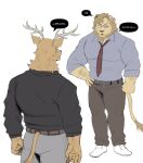 anthro antlers bakubakudanzz beastars big_muscles big_pecs biped cervine clothed clothed_anthro clothed_male clothing deer felid footwear horn ibuki_(beastars) lion male mammal muscular oguma_(beastars) pantherine pecs red_deer shoes white_clothing white_footwear white_shoes