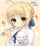  :t ahoge artoria_pendragon_(all) blonde_hair blue_bow blush bow bowl braid brown_background chopsticks clostridium_tetani collared_shirt eating fate/stay_night fate_(series) fingernails food food_on_face green_eyes hair_bow holding holding_bowl holding_chopsticks long_hair long_sleeves marshmallow_mille rice rice_bowl rice_on_face saber shirt sidelocks solo twitter_username white_shirt 