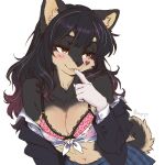1:1 anthro belly black_body black_fur blazer blush blush_lines bottomwear bra breasts canid canine canis cleavage clothed clothing curled_tail domestic_dog female flat_colors fur hair hi_res highschool_uniform jenni_(jennibutt) lace_bra long_hair mammal navel neck_tuft pattern_bottomwear pattern_clothing pattern_skirt pennylessmac plaid plaid_bottomwear plaid_clothing plaid_skirt pomeranian school_uniform shirt sketch skirt smile solo spitz tail tan_body tan_fur tied_shirt topwear touching_face translucent translucent_clothing tuft underwear uniform
