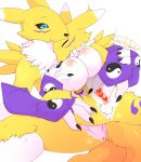  1boy 1girl blue_eyes breasts censored digimon fingerless_gloves furry gloves heart heart_censor nipples penis pussy renamon yukihiko 