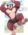 >_< 2026 4_toes 5_fingers abs absurd_res anthro artist_name ball barefoot baseball_(ball) biceps big_muscles black_bottomwear black_clothing black_shorts blue_sky border bottomwear canid claws clothed clothed_anthro clothed_male clothing cloud countershade_face countershade_fur countershade_tail countershade_torso countershading dated deltoids dialogue digital_drawing_(artwork) digital_media_(artwork) drawstring_bottomwear drawstring_shorts english_text eyebrows eyes_closed feet finger_claws fingerpads fingers front_view full-length_portrait fur grey_pawpads gruff_(justgruff) hi_res huge_muscles kuromonsart latissimus_dorsi male male_anthro mammal motion_lines muscular muscular_anthro muscular_male nipple_piercing nipple_ring nipples offscreen_character on_one_leg open_mouth open_smile orange_bottomwear orange_clothing orange_shorts outside pawpads pecs piercing plantigrade portrait raised_arms red_body red_fur red_tongue ring_piercing sharp_teeth shorts shorts_only sky smile solo speech_bubble standing tail tail_motion tailwag tan_body tan_countershading tan_eyebrows teeth text toe_claws toes tongue tongue_showing topless topless_anthro topless_male white_border white_claws