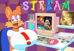 anthro award big_breasts blue_eyes bobcat book breasts bubsy_(series) bubsy_3d bubsy_bobcat chair cheek_tuft clothing computer computer_mouse crossgender cute_fangs desk detailed_background digital_media_(artwork) ear_tuft electronics english_text exclamation_point eyelashes eyeshadow facial_tuft fangs felid feline female freckled_face freckles fur furniture hair head_tuft hi_res huge_breasts humor hyper hyper_breasts keyboard logo lynx makeup mammal mixed_media mtf_crossgender multicolored_body multicolored_fur on_chair open_mouth open_smile playstation purple_background purple_eyeshadow screen shirt short_sleeves simple_background sitting sitting_on_chair smile solo sony_corporation sony_interactive_entertainment speaker table teeth text theycallhimcake topwear tuft two_tone_body two_tone_fur white_clothing white_shirt white_topwear